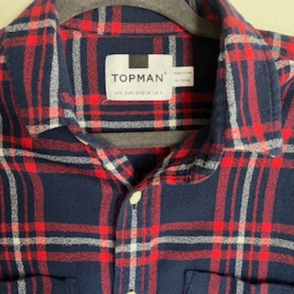 🧡3/15 TOPMAN Red Blue Plaid Cotton Shirt Men's S - Picture 2 of 13